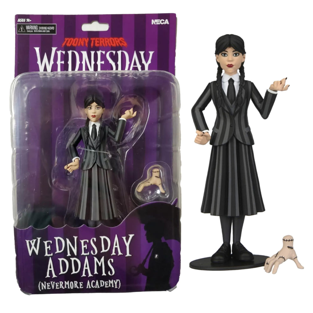 Wednesday Addams action figure with packaging on a white background