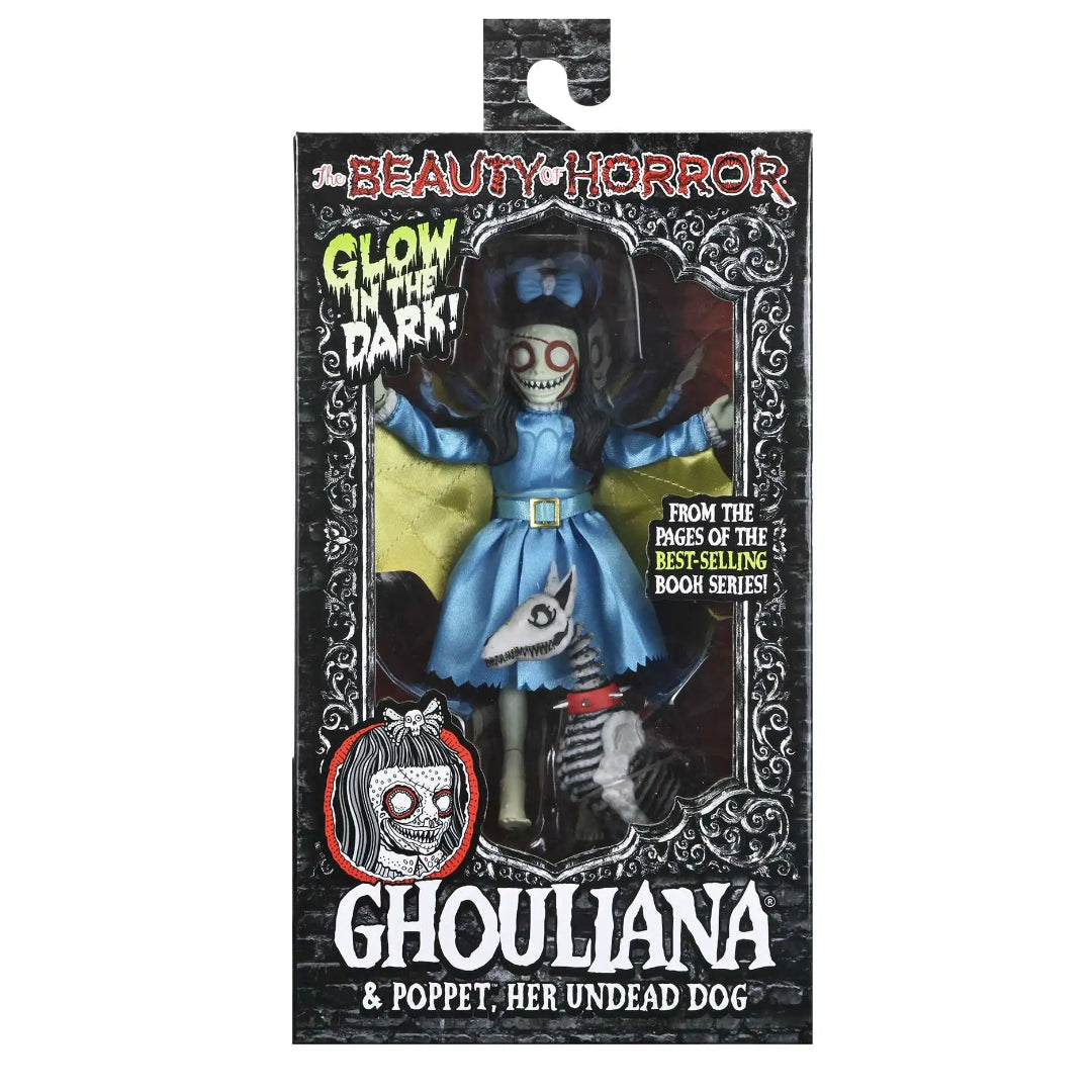 Packaged toy figure of Ghouliana with her undead dog Poppet, featuring 'Beauty Horror' branding.