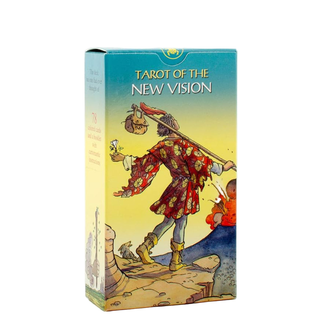 Box of 'Tarot of the New Vision' with colorful illustration on a white background