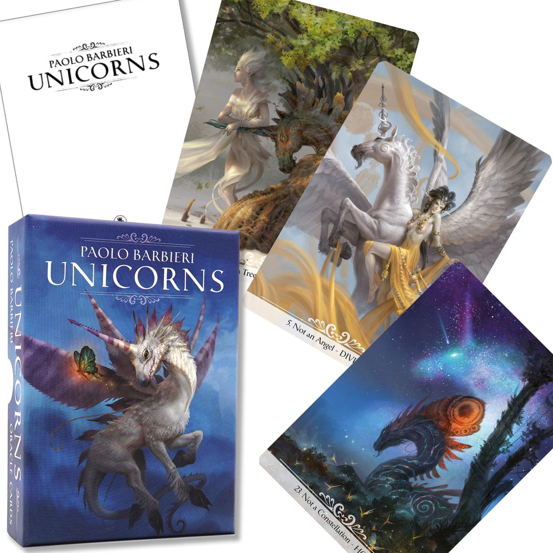 Collection of Paolo Barbieri unicorn-themed products including a book and cards.