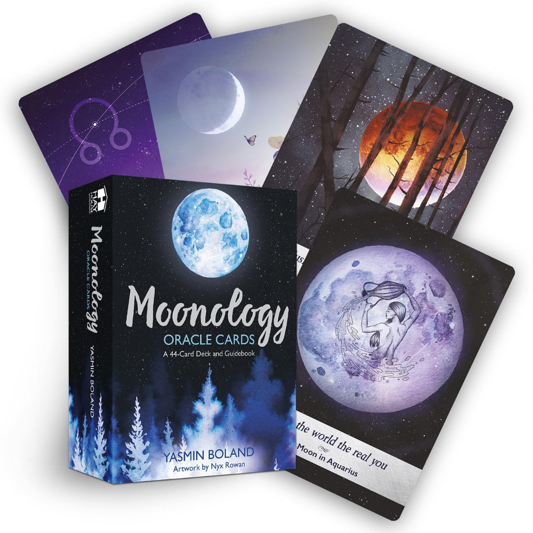 Moonology Oracle Cards with artistic designs on a white background