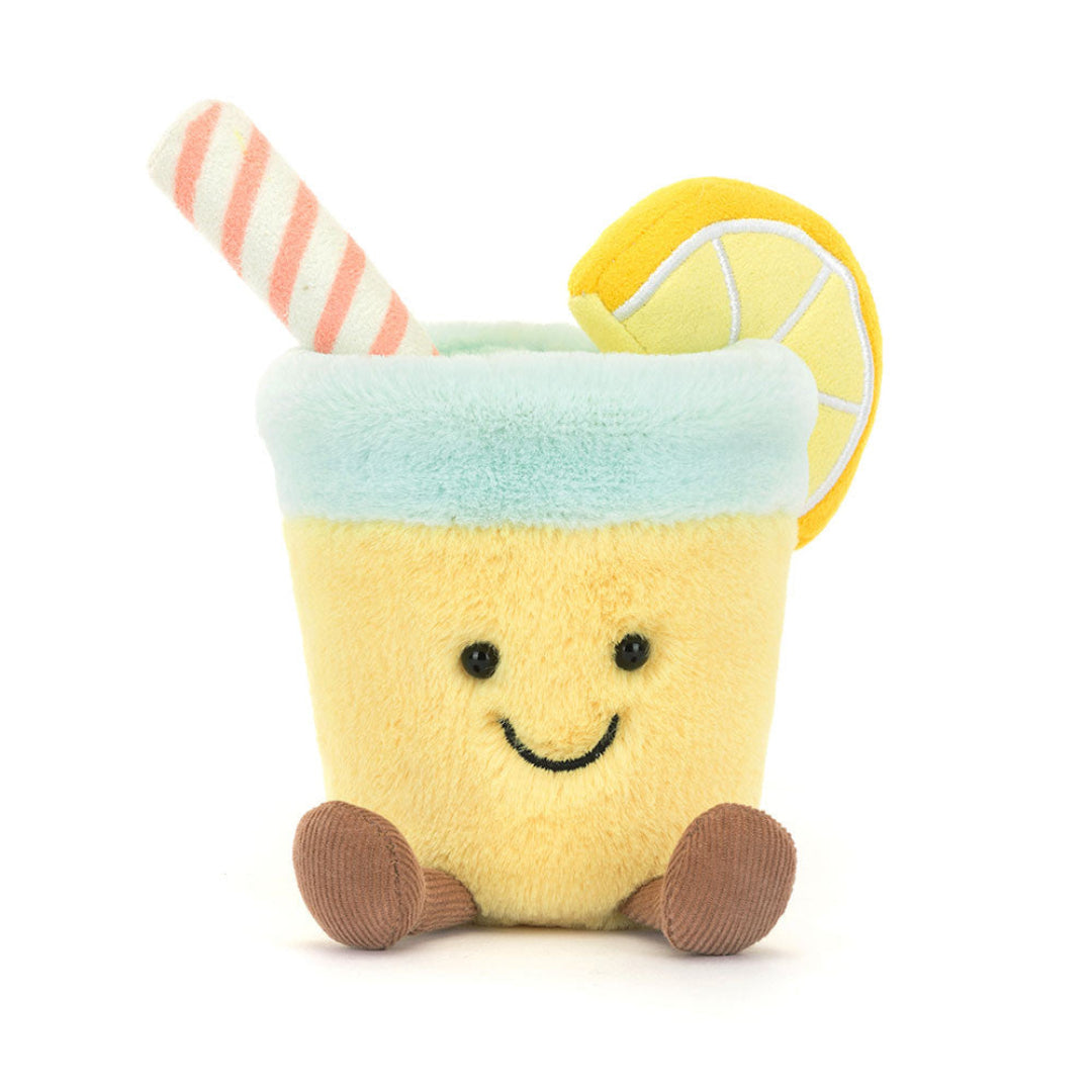 Toy resembling a lemonade cup with a lemon slice and striped straw on a white background