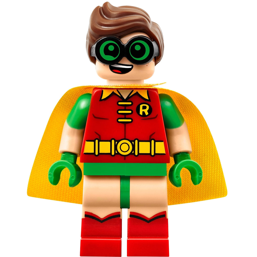 LEGO Robin figure with red cape and green mask on a white background