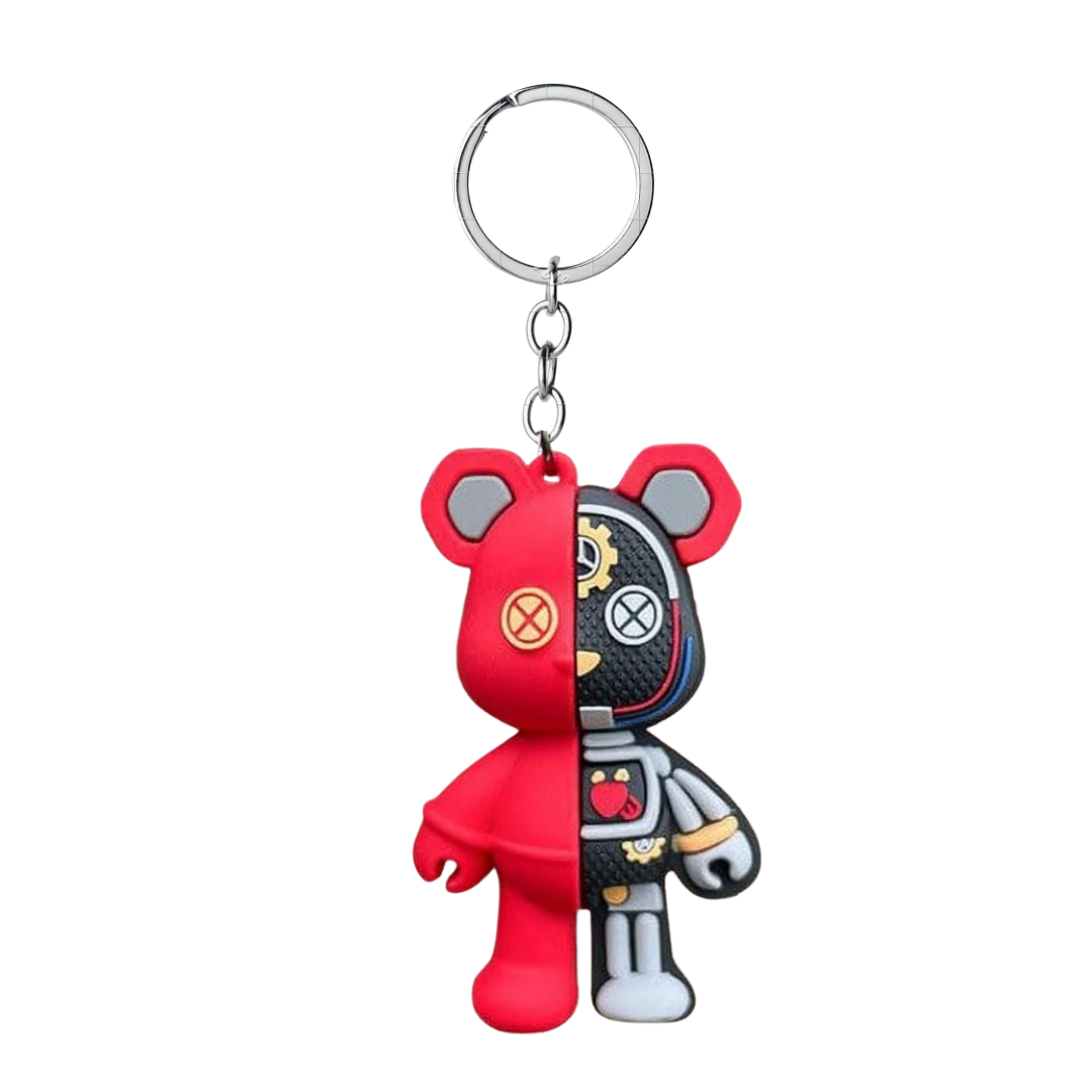 Red Half Robot Brick Bear Keychain (Rubber)