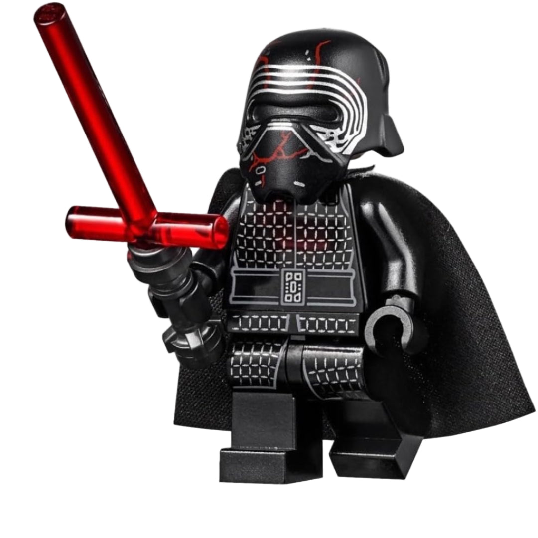LEGO Kylo Ren minifigure with a red lightsaber on a white background
