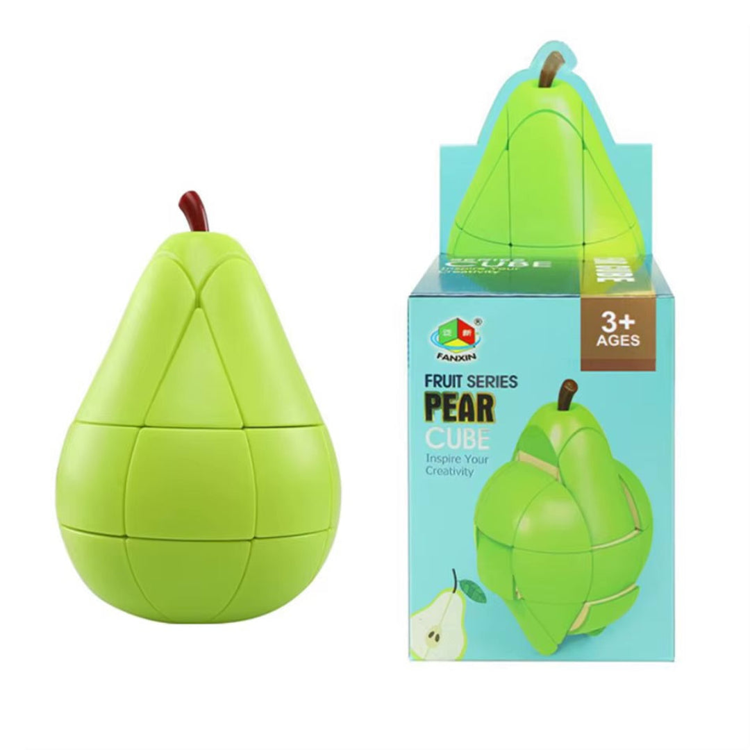 Green pear-shaped puzzle toy next to its packaging on a white background