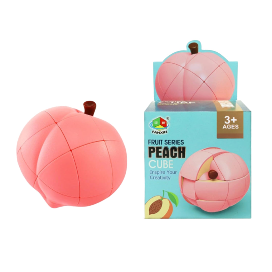 Peach-shaped puzzle cube with packaging on a white background