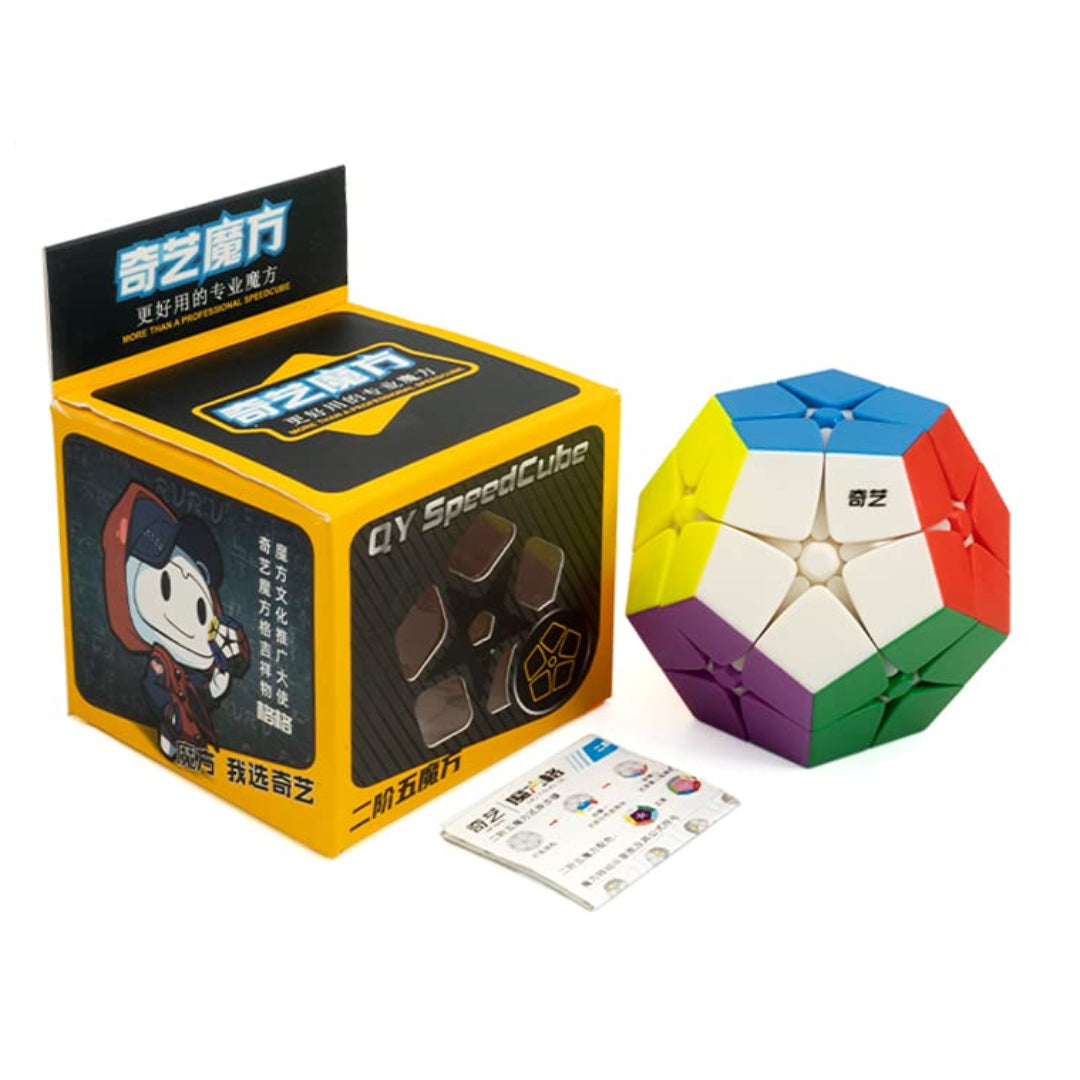 Dodecahedron puzzle with QY Speed Cube branding next to its packaging on a white background