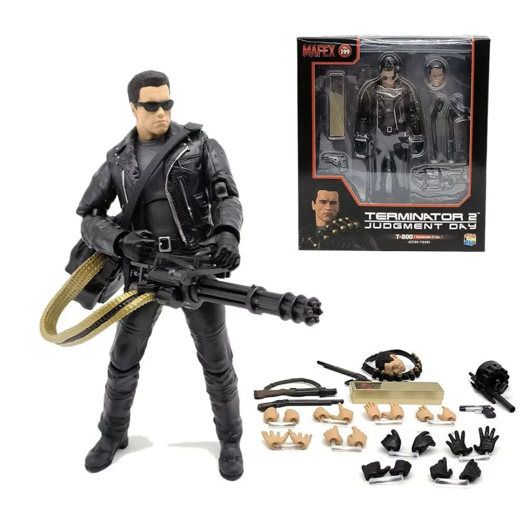 Action figure of a character from 'Terminator 2: Judgment Day' with accessories and packaging.