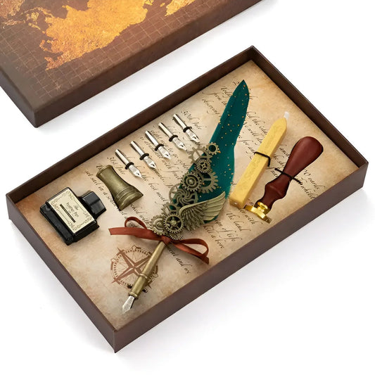 1502 World Map Series Feather Quill Pen Set with Wax Seal Stamp