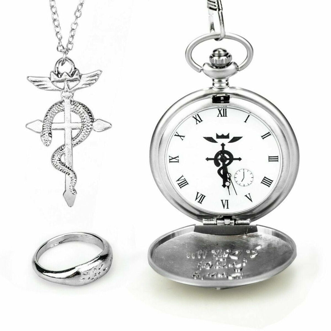 Silver pendant, ring, and pocket watch with a black symbol on a white background