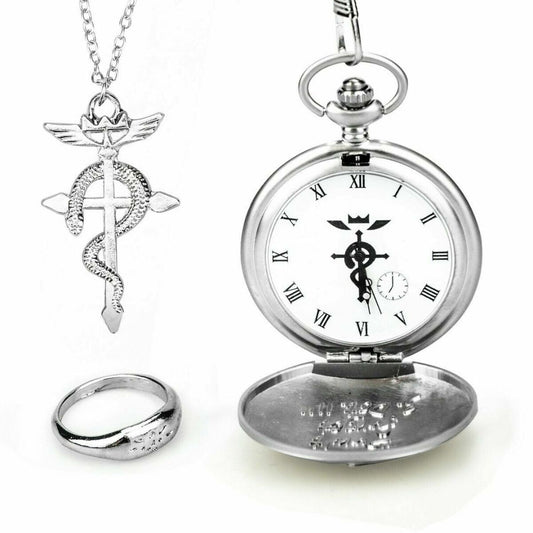 Silver pendant, ring, and pocket watch with a black symbol on a white background
