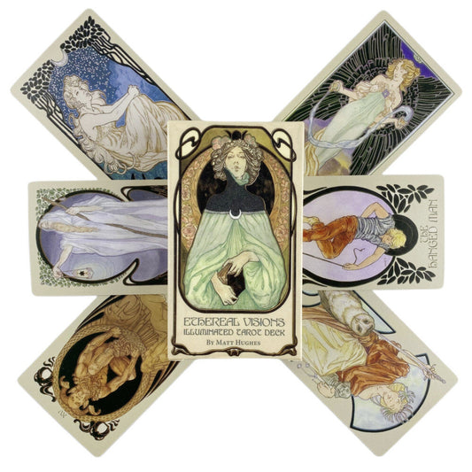Collection of tarot cards from the 'Ethereal Visions' deck on a white background