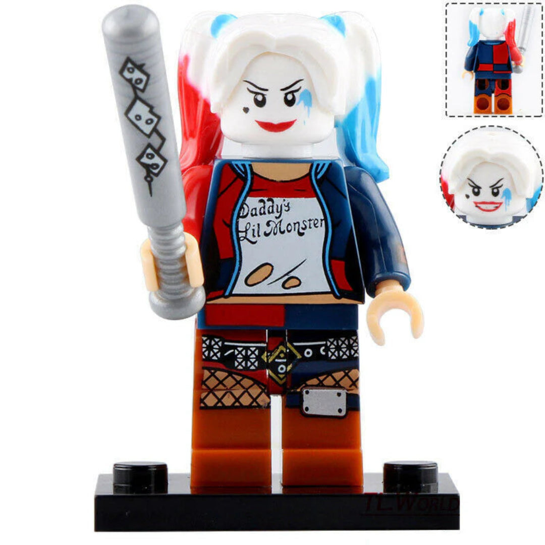 Harley Quinn LEGO minifigure with a bat and 'Daddy's Lil Monster' shirt on a white background.