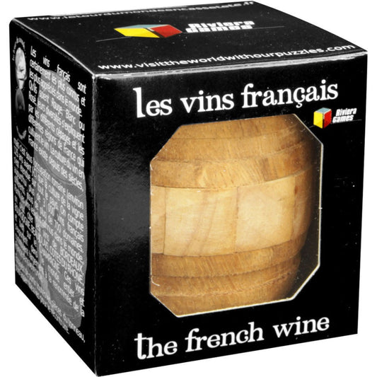 Box of 'les vins français' puzzle with wooden barrel design on a black background