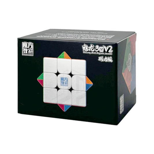 Rubik's Cube packaging with cube image on a black background