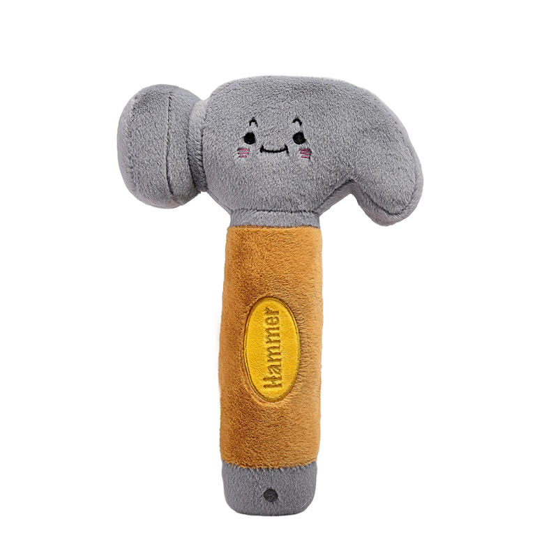 Plush toy hammer with a smiling face on a white background