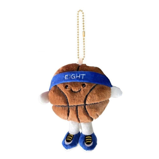 Plush keychain shaped like a basketball with a blue headband and shoes on a white background